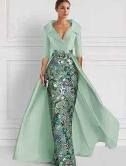 Embroidered Floral Ball Gown A-Line Evening Gown Elegant Dress Formal Wedding Floor Length Half Sleeve Shirt Collar Satin with Slit Appliques