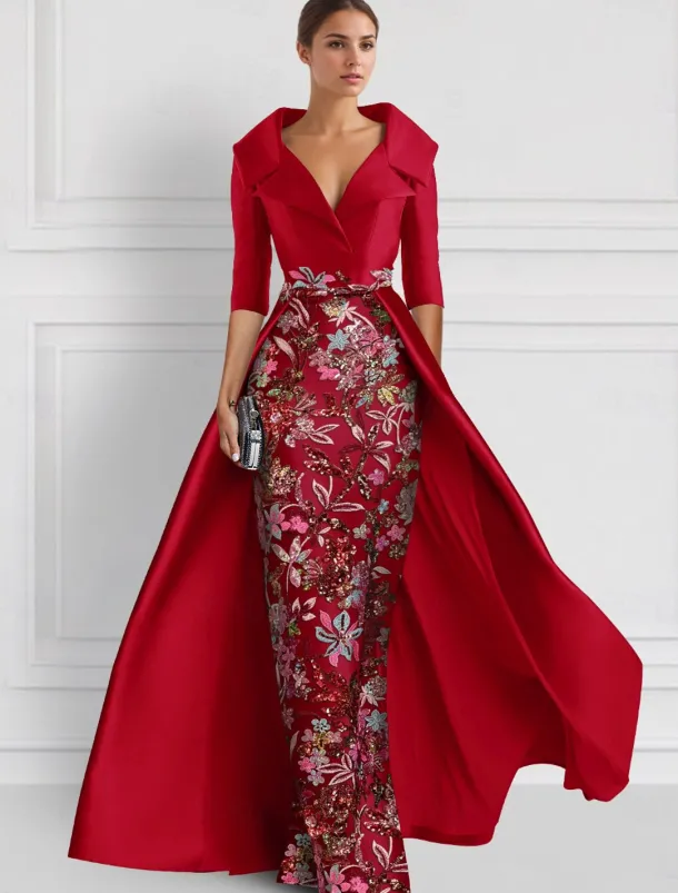 Embroidered Floral Ball Gown A-Line Evening Gown Elegant Dress Formal Wedding Floor Length Half Sleeve Shirt Collar Satin with Slit Appliques