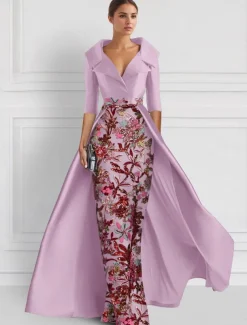 Embroidered Floral Ball Gown A-Line Evening Gown Elegant Dress Formal Wedding Floor Length Half Sleeve Shirt Collar Satin with Slit Appliques