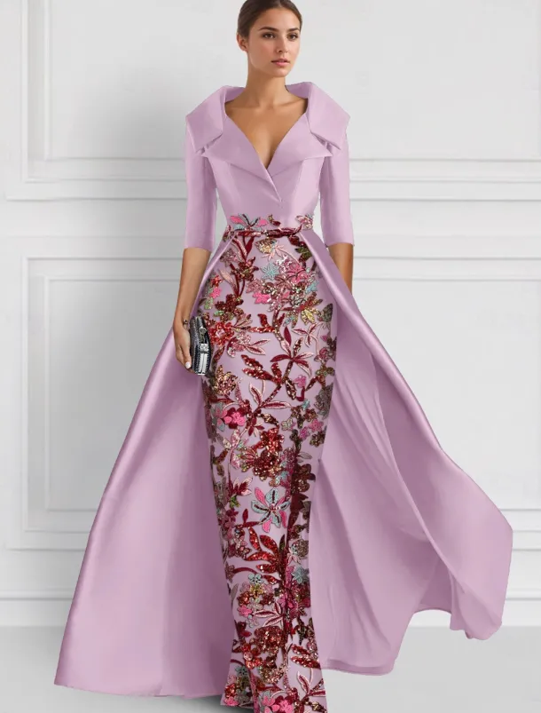 Embroidered Floral Ball Gown A-Line Evening Gown Elegant Dress Formal Wedding Floor Length Half Sleeve Shirt Collar Satin with Slit Appliques