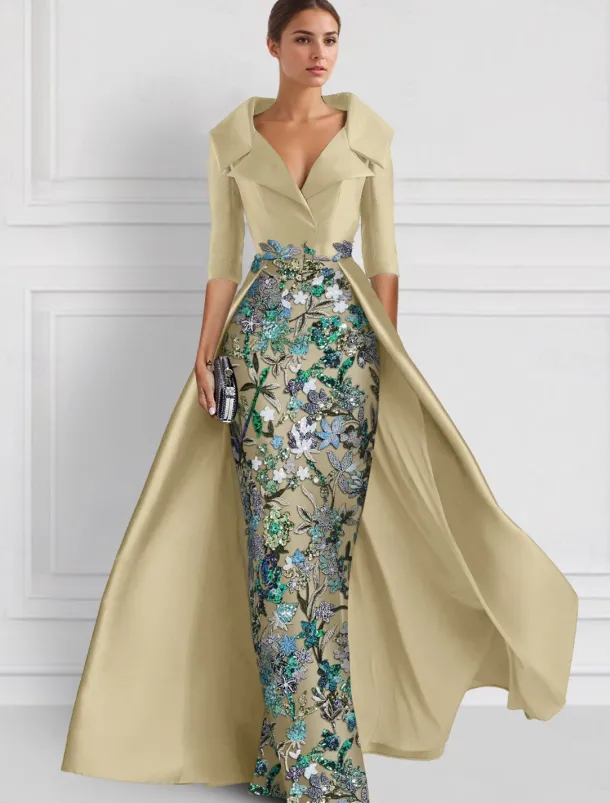 Embroidered Floral Ball Gown A-Line Evening Gown Elegant Dress Formal Wedding Floor Length Half Sleeve Shirt Collar Satin with Slit Appliques