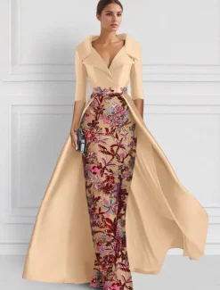 Embroidered Floral Ball Gown A-Line Evening Gown Elegant Dress Formal Wedding Floor Length Half Sleeve Shirt Collar Satin with Slit Appliques