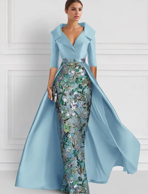 Embroidered Floral Ball Gown A-Line Evening Gown Elegant Dress Formal Wedding Floor Length Half Sleeve Shirt Collar Satin with Slit Appliques