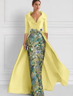 Embroidered Floral Ball Gown A-Line Evening Gown Elegant Dress Formal Wedding Floor Length Half Sleeve Shirt Collar Satin with Slit Appliques