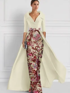 Embroidered Floral Ball Gown A-Line Evening Gown Elegant Dress Formal Wedding Floor Length Half Sleeve Shirt Collar Satin with Slit Appliques