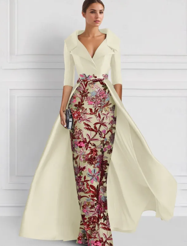 Embroidered Floral Ball Gown A-Line Evening Gown Elegant Dress Formal Wedding Floor Length Half Sleeve Shirt Collar Satin with Slit Appliques