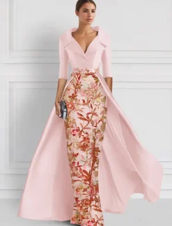 Embroidered Floral Ball Gown A-Line Evening Gown Elegant Dress Formal Wedding Floor Length Half Sleeve Shirt Collar Satin with Slit Appliques
