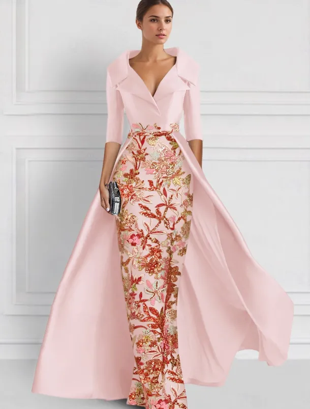 Embroidered Floral Ball Gown A-Line Evening Gown Elegant Dress Formal Wedding Floor Length Half Sleeve Shirt Collar Satin with Slit Appliques