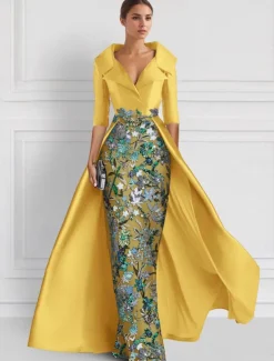 Embroidered Floral Ball Gown A-Line Evening Gown Elegant Dress Formal Wedding Floor Length Half Sleeve Shirt Collar Satin with Slit Appliques