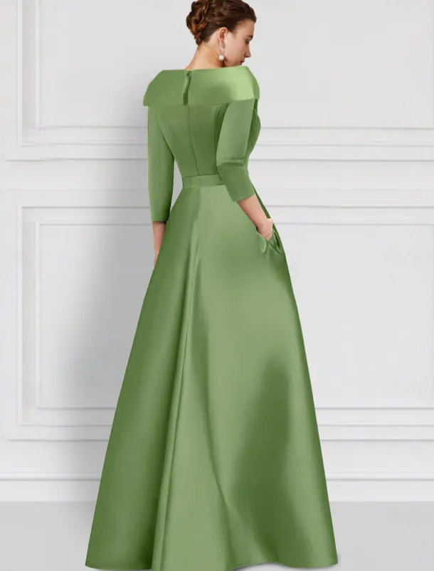 Embroidered Floral Ball Gown A-Line Evening Gown Elegant Dress Formal Wedding Floor Length Half Sleeve Shirt Collar Satin with Slit Appliques