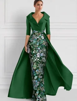 Embroidered Floral Ball Gown A-Line Evening Gown Elegant Dress Formal Wedding Floor Length Half Sleeve Shirt Collar Satin with Slit Appliques
