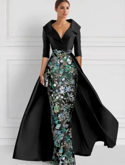 Embroidered Floral Ball Gown A-Line Evening Gown Elegant Dress Formal Wedding Floor Length Half Sleeve Shirt Collar Satin with Slit Appliques