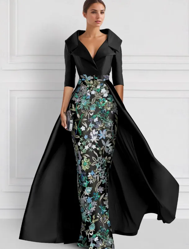 Embroidered Floral Ball Gown A-Line Evening Gown Elegant Dress Formal Wedding Floor Length Half Sleeve Shirt Collar Satin with Slit Appliques