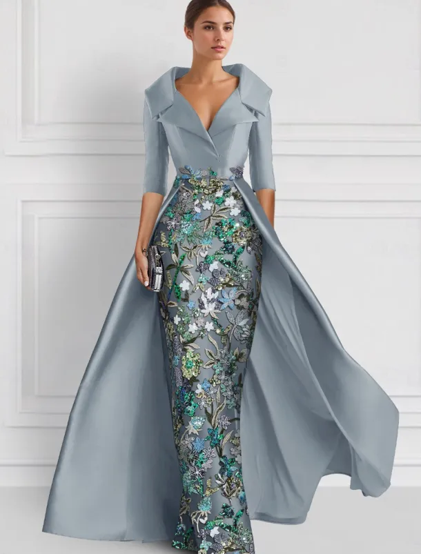 Embroidered Floral Ball Gown A-Line Evening Gown Elegant Dress Formal Wedding Floor Length Half Sleeve Shirt Collar Satin with Slit Appliques