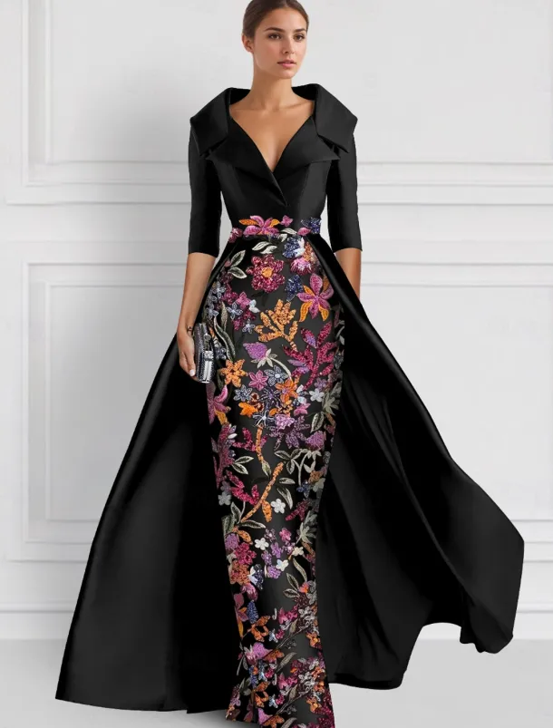 Embroidered Floral Ball Gown A-Line Evening Gown Elegant Dress Formal Wedding Floor Length Half Sleeve Shirt Collar Satin with Slit Appliques