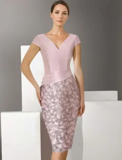 Embroidered Two Piece Sheath Jacket Dress Suit Mother of the Bride Dress Satin Lace Elegant Vintage Sparkle & Shine V Neck Knee Length Glitter with Appliques Race Day Dress