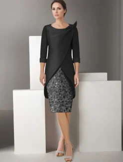 Embroidered Two Piece Sheath Jacket Dress Suit Mother of the Bride Dress Satin Lace Elegant Vintage Sparkle & Shine V Neck Knee Length Glitter with Appliques Race Day Dress