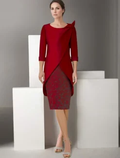 Embroidered Two Piece Sheath Jacket Dress Suit Mother of the Bride Dress Satin Lace Elegant Vintage Sparkle & Shine V Neck Knee Length Glitter with Appliques Race Day Dress