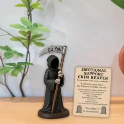 Emotional Support Grim Reaper Figurine, STAtue of The Grim REAper Holding Coffee,Resin GRIM Reapers S-tatue Holding Coffee,Ironic Gothic Black Robe Mysterious Statue Desktop Decoration