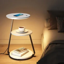 End Table with Lamp,Floor Lamp with Table Attached,Rustic Bedside Nightstand with Drawer and Wireless Charging for Bedroom,Living Room 110-240V