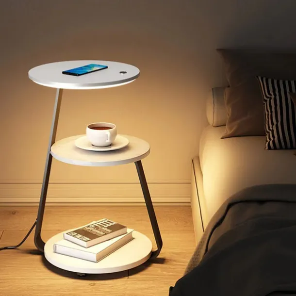 End Table with Lamp,Floor Lamp with Table Attached,Rustic Bedside Nightstand with Drawer and Wireless Charging for Bedroom,Living Room 110-240V