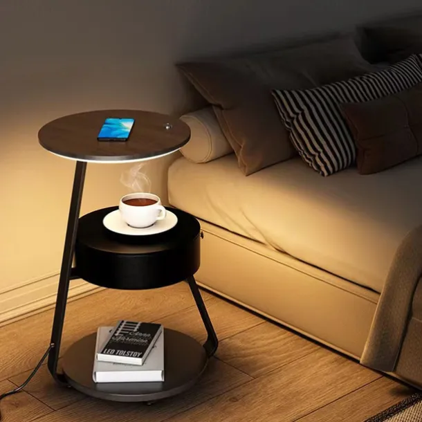 End Table with Lamp,Floor Lamp with Table Attached,Rustic Bedside Nightstand with Drawer and Wireless Charging for Bedroom,Living Room 110-240V