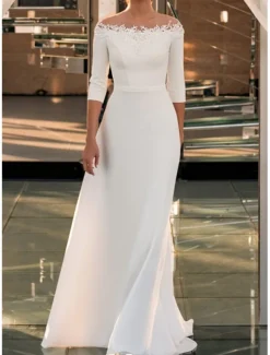 Engagement Formal Wedding Dresses A-Line Off Shoulder 3/4 Length Sleeve Sweep / Brush Train Lace Bridal Gowns With Appliques Solid Color