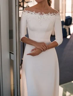Engagement Formal Wedding Dresses A-Line Off Shoulder 3/4 Length Sleeve Sweep / Brush Train Lace Bridal Gowns With Appliques Solid Color