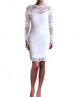 Engagement Little Graduation White Dresses Wedding Dresses Sheath / Column Off Shoulder Long Sleeve Short / Mini Satin Bridal Gowns With Solid Color