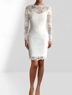 Engagement Little Graduation White Dresses Wedding Dresses Sheath / Column Off Shoulder Long Sleeve Short / Mini Satin Bridal Gowns With Solid Color