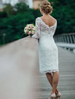 Engagement Little Graduation White Dresses Wedding Dresses Sheath / Column Off Shoulder Long Sleeve Short / Mini Satin Bridal Gowns With Solid Color