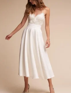 Engagement Little Graduation White Dresses Wedding Dresses A-Line V Neck Spaghetti Strap Sleeveless Ankle Length Chiffon Bridal Gowns With Sash / Ribbon