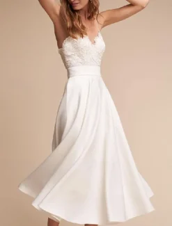 Engagement Little Graduation White Dresses Wedding Dresses A-Line V Neck Spaghetti Strap Sleeveless Ankle Length Chiffon Bridal Gowns With Sash / Ribbon