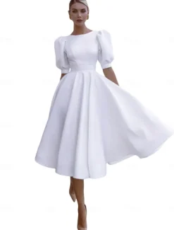 Engagement Little White Dresses Wedding Dresses A-Line Boat Neck Short Sleeve Tea Length Satin Bridal Gowns With Sash / Ribbon