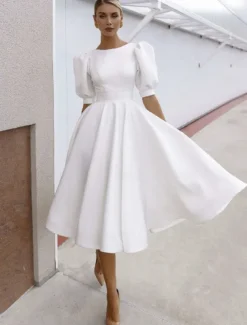 Engagement Little White Dresses Wedding Dresses A-Line Boat Neck Short Sleeve Tea Length Satin Bridal Gowns With Sash / Ribbon