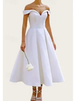 Engagement Little White Dress Bridal Shower Dresses Wedding Dresses A-Line Off Shoulder Short Sleeve Ankle Length Satin Bridal Gowns With Pleats