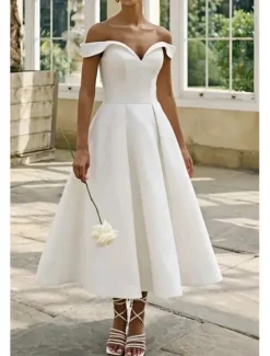 Engagement Little White Dress Bridal Shower Dresses Wedding Dresses A-Line Off Shoulder Short Sleeve Ankle Length Satin Bridal Gowns With Pleats