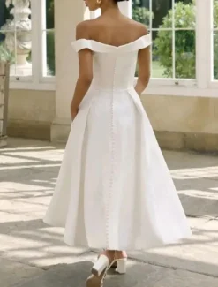 Engagement Little White Dress Bridal Shower Dresses Wedding Dresses A-Line Off Shoulder Short Sleeve Ankle Length Satin Bridal Gowns With Pleats