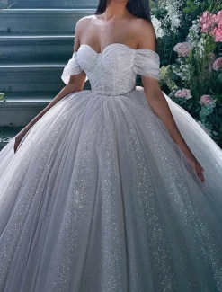 Engagement Sparkle & Shine Formal Wedding Dresses Ball Gown Off Shoulder Cap Sleeve Chapel Train Sequined Bridal Gowns With Solid Color