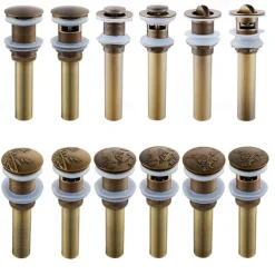 Engraved Antique Brass Pop Up Bathroom Sink Drain Strainer Stopper no Overflow Hole Kitchen Basin Sink Bottle Trap Drainer