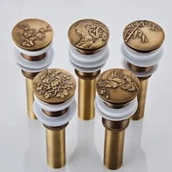 Engraved Antique Brass Pop Up Bathroom Sink Drain Strainer Stopper no Overflow Hole Kitchen Basin Sink Bottle Trap Drainer