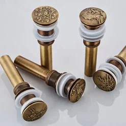 Engraved Antique Brass Pop Up Bathroom Sink Drain Strainer Stopper no Overflow Hole Kitchen Basin Sink Bottle Trap Drainer