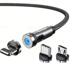 Essager Magnetic Charging Cable 540 Rotating Magnetic Phone Charger Nylon Braided Magnetic USB Cable For Phone Samsung Xiaomi Fast Charger Cord Phone Data Wire 3 In1