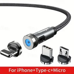 Essager Magnetic Charging Cable 540 Rotating Magnetic Phone Charger Nylon Braided Magnetic USB Cable For Phone Samsung Xiaomi Fast Charger Cord Phone Data Wire 3 In1