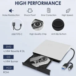 External CD/DVD Drive - USB 3.0 & Type-C Portable Burner Writer Reader for Laptop, Compatible with MacBook Pro/Air, iMac, Windows 7/8/10/XP/Vista​