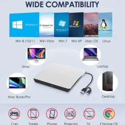 External CD/DVD Drive - USB 3.0 & Type-C Portable Burner Writer Reader for Laptop, Compatible with MacBook Pro/Air, iMac, Windows 7/8/10/XP/Vista​