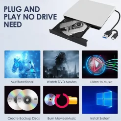 External CD/DVD Drive - USB 3.0 & Type-C Portable Burner Writer Reader for Laptop, Compatible with MacBook Pro/Air, iMac, Windows 7/8/10/XP/Vista​
