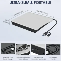 External CD/DVD Drive - USB 3.0 & Type-C Portable Burner Writer Reader for Laptop, Compatible with MacBook Pro/Air, iMac, Windows 7/8/10/XP/Vista​