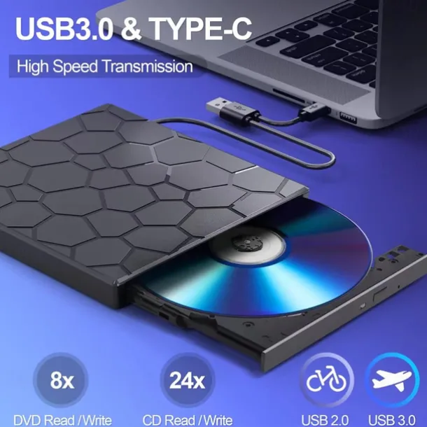 External CD/DVD Drive for Laptop, DVD Player for Laptop 8 in 1 USB 3.0 Ultra-Slim Portable CD Burner External Disk Drive Optical Compatible with Laptop Desktop