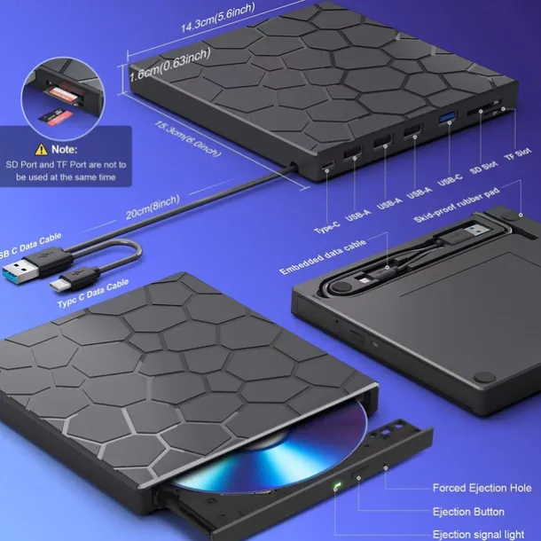 External CD/DVD Drive for Laptop, DVD Player for Laptop 8 in 1 USB 3.0 Ultra-Slim Portable CD Burner External Disk Drive Optical Compatible with Laptop Desktop